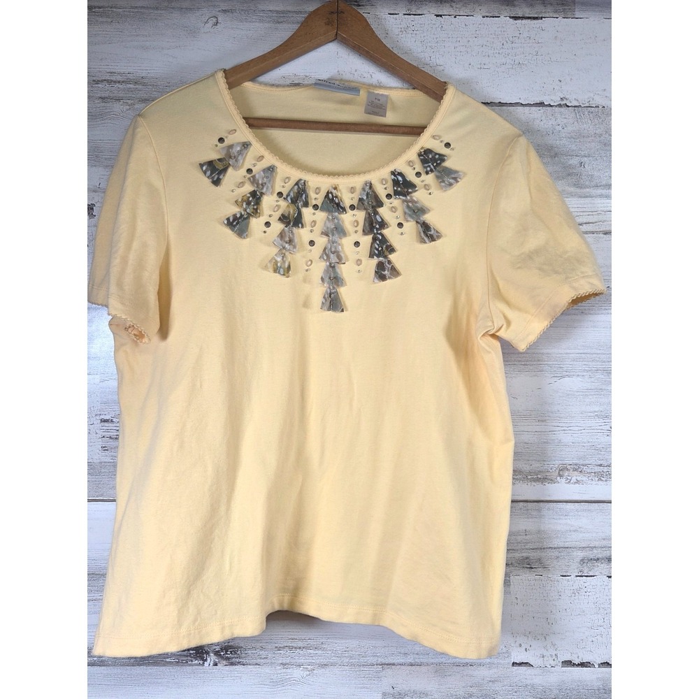 Alfred Dunner Yellow‎ Embellished Neckline Short Sleeve Top Blouse PM
